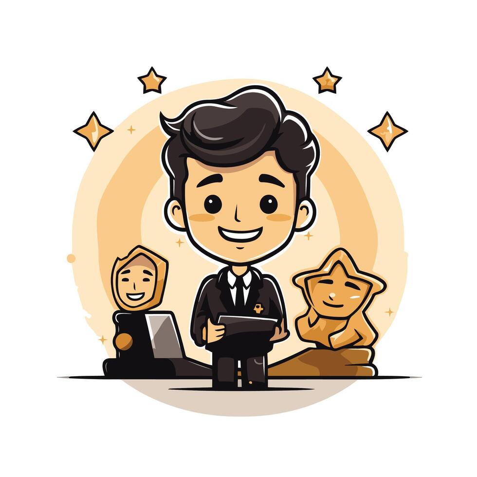 A cartoon man in a suit holding a tablet vector