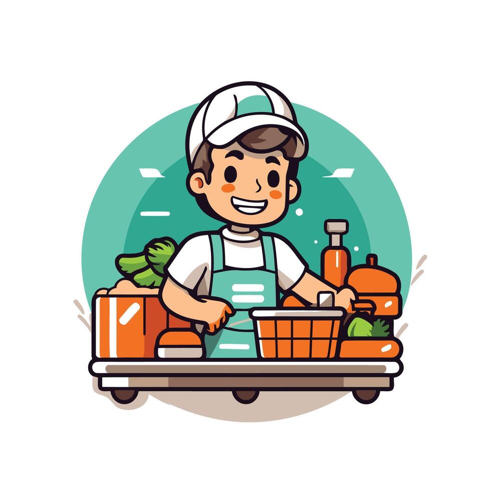 A man in a cap is holding a basket of groceries vector