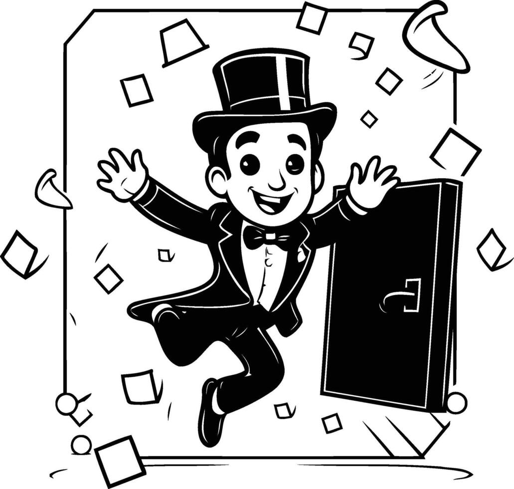 A cartoon man in a top hat and tuxedo jumping out of a door vector