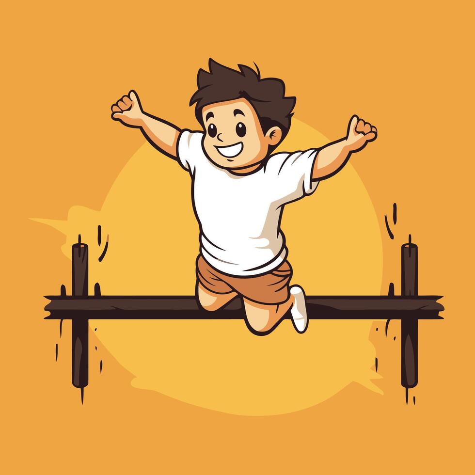 A cartoon boy jumping on a wooden beam vector