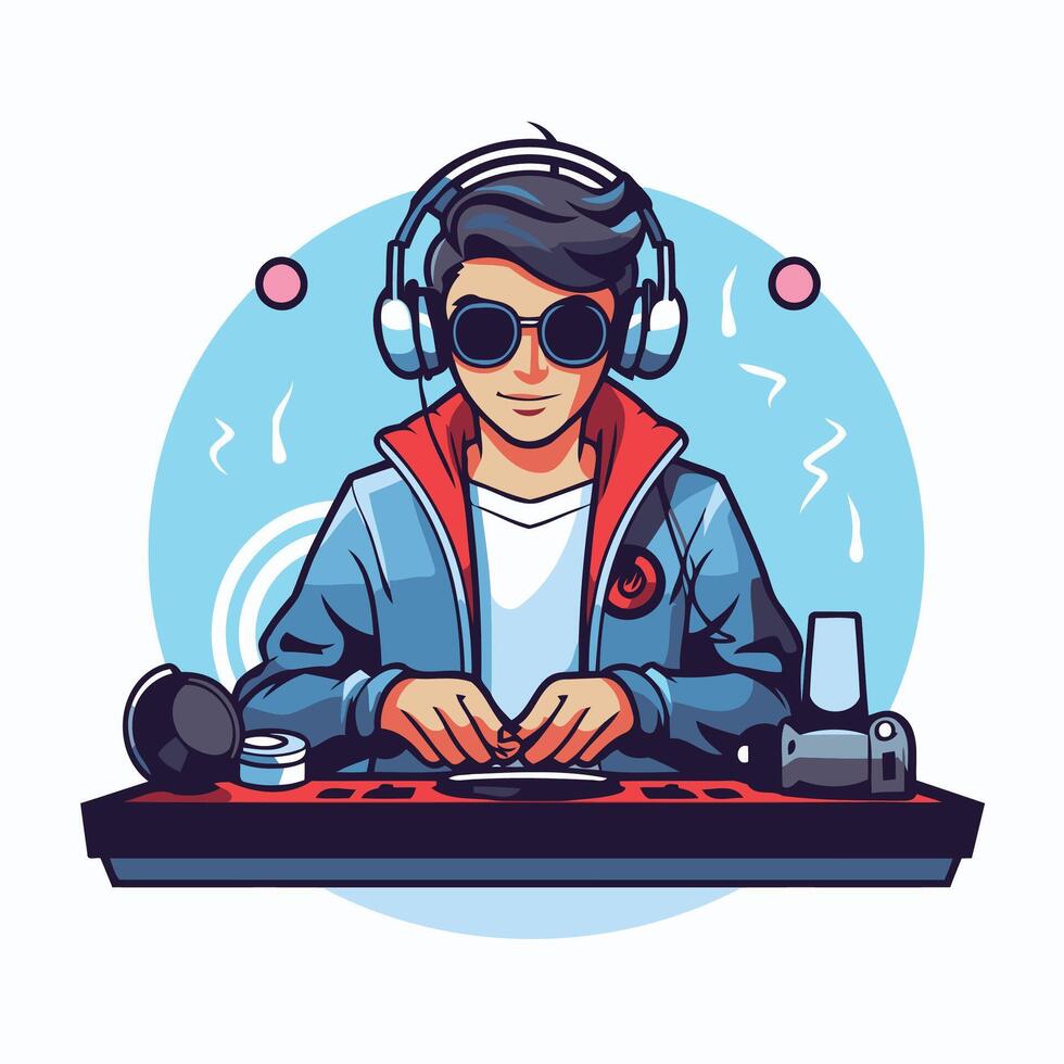 Dj with headphones and headphones on the table vector