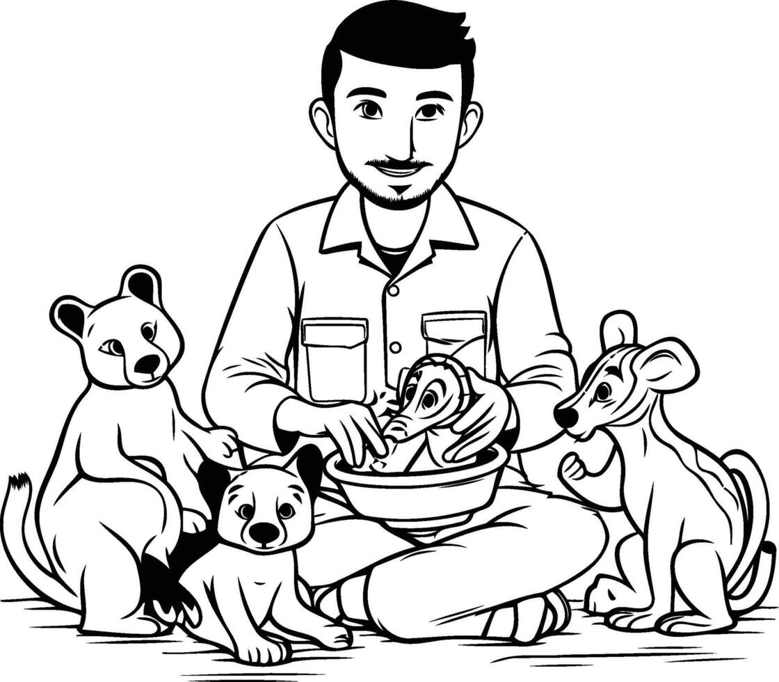 Man feeding dogs coloring page vector