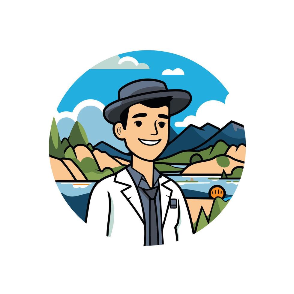 A cartoon man in a suit and hat standing in front of a mountain vector