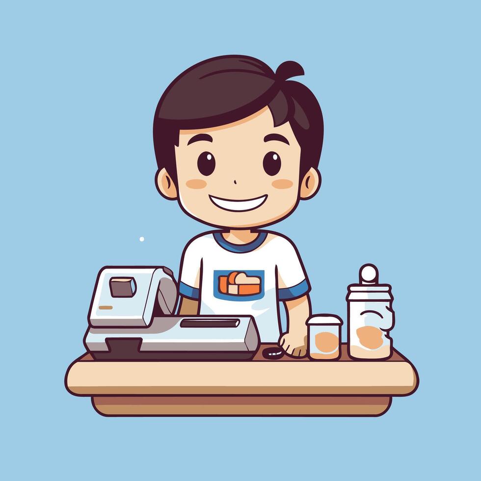 A cartoon character is standing at a desk with a computer vector