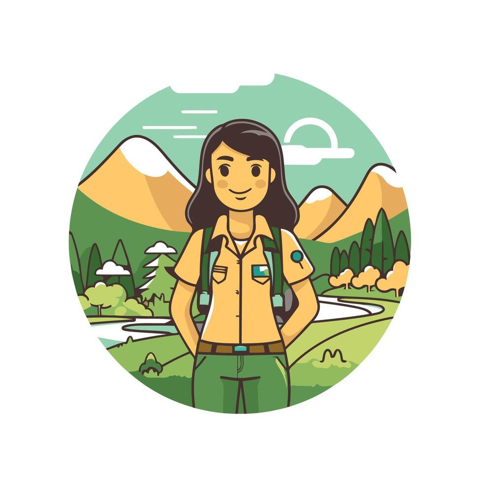 A girl scout in a round with mountains and trees vector