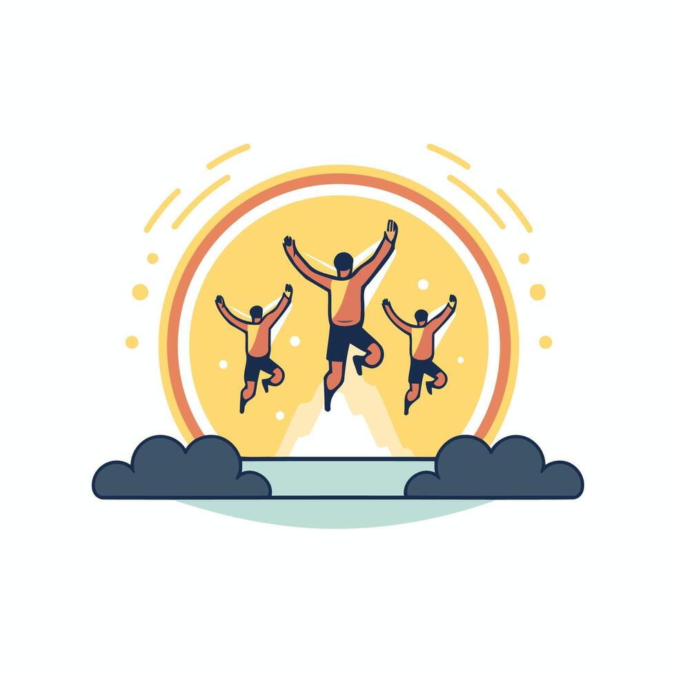 People jumping in the air with the sun behind them vector