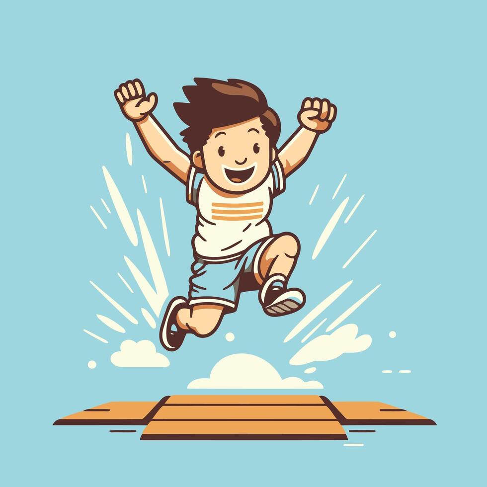 A cartoon boy jumping over a wooden platform vector