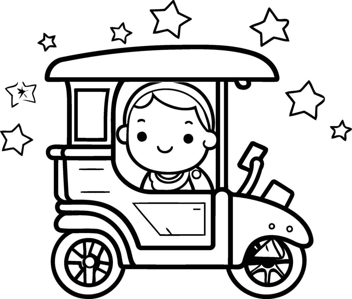 A cartoon girl driving a tuk tuk coloring page vector