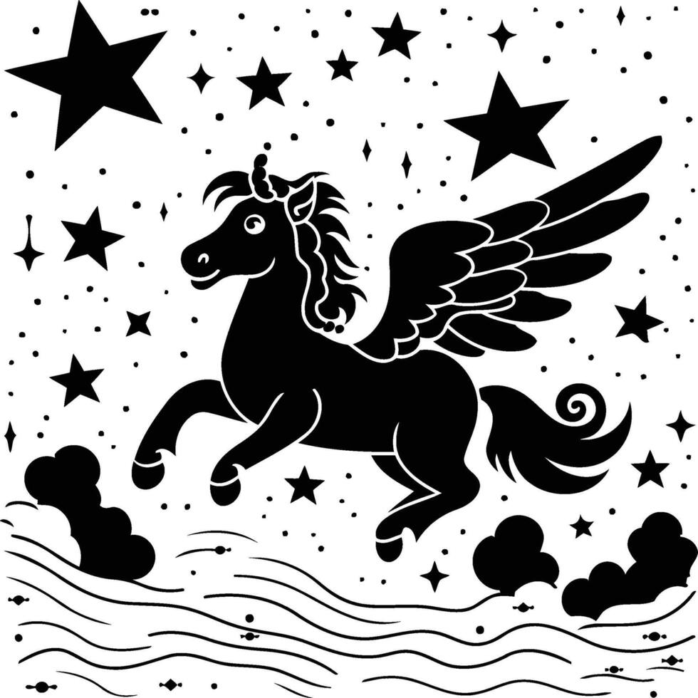 A black and white drawing of a horse with wings vector