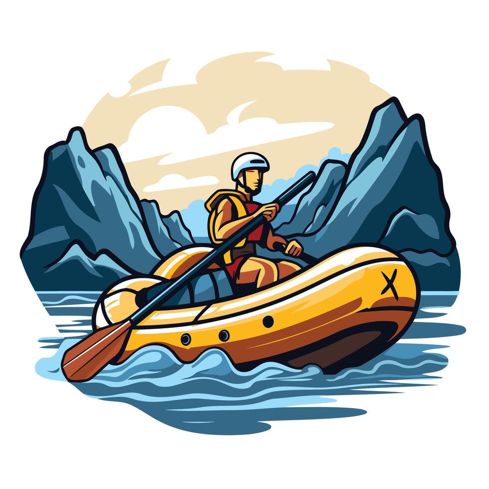 Rafting man in raft on river illustration vector