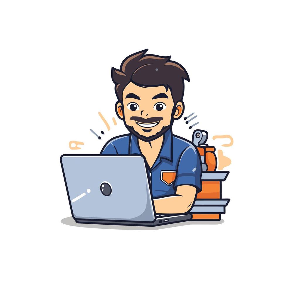 A man with a laptop and a smile is sitting at a desk vector