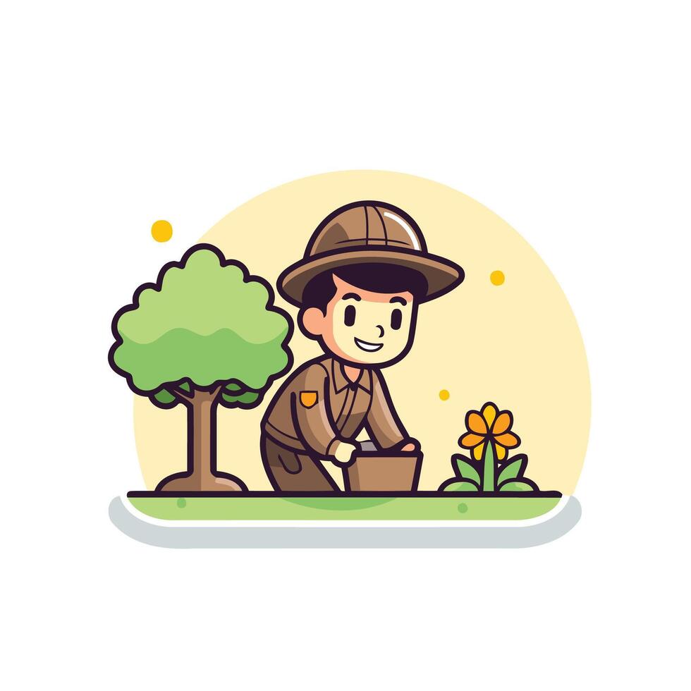A cartoon man in a hat and hat is planting flowers vector