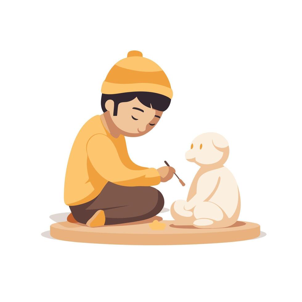 A boy is painting a white dog vector