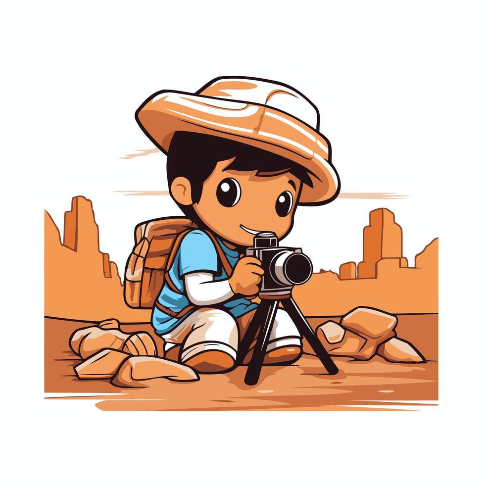 A cartoon boy with a camera and hat vector