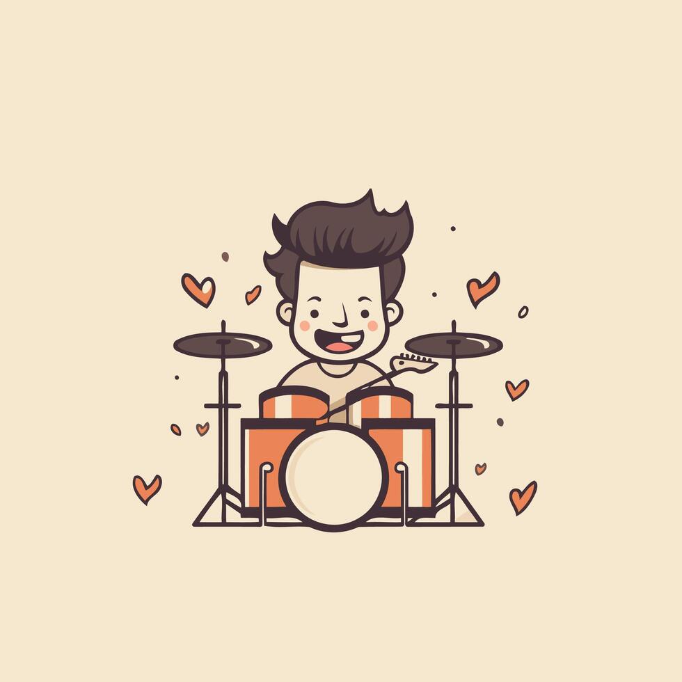 A cartoon drummer playing drums with hearts around him vector