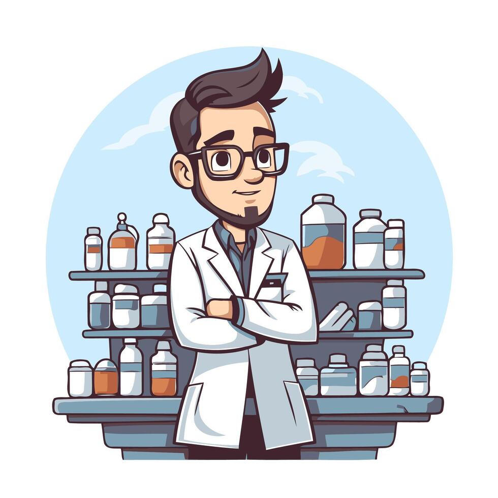 A cartoon man in a lab coat standing in front of a shelf full of bottles vector