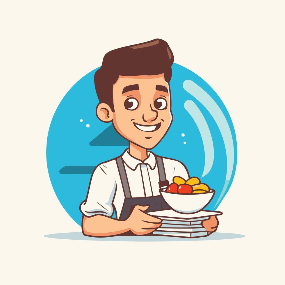 A cartoon waiter holding a bowl of fruit vector
