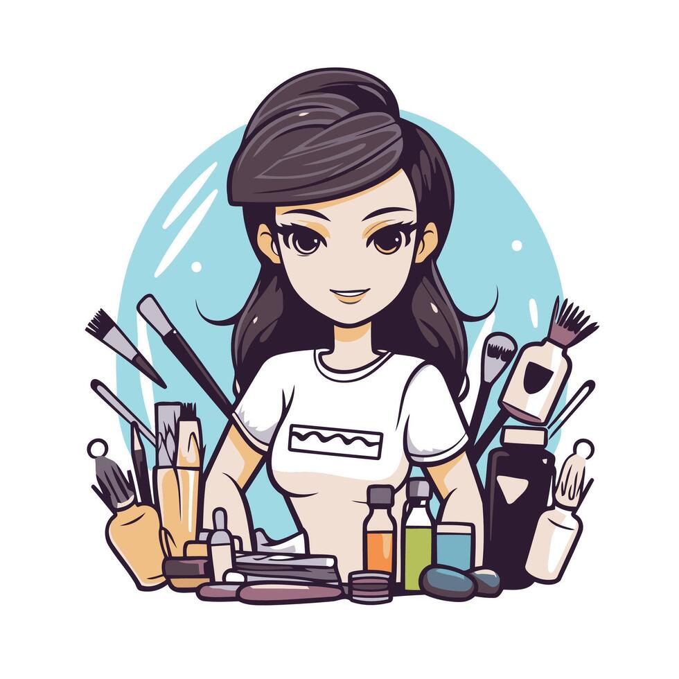 A cartoon girl with makeup products vector