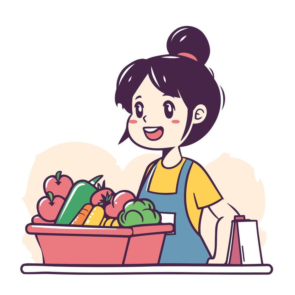 A woman is holding a basket of vegetables vector