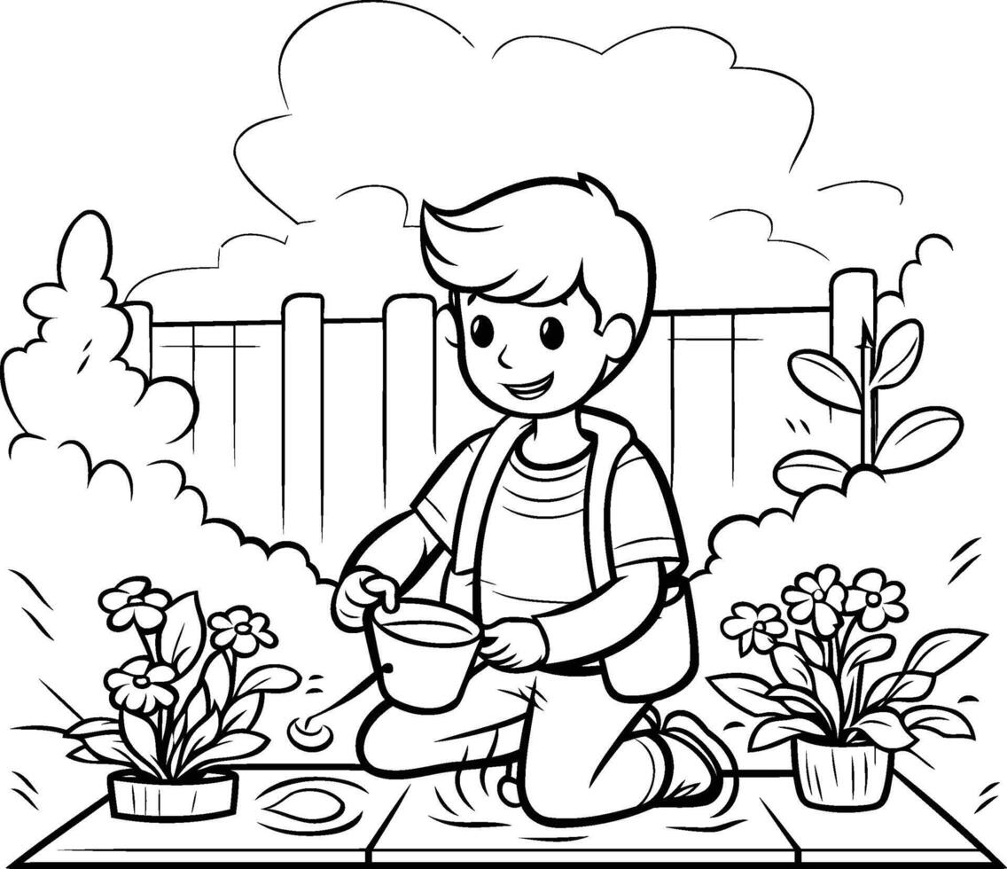 Boy watering plants coloring page vector