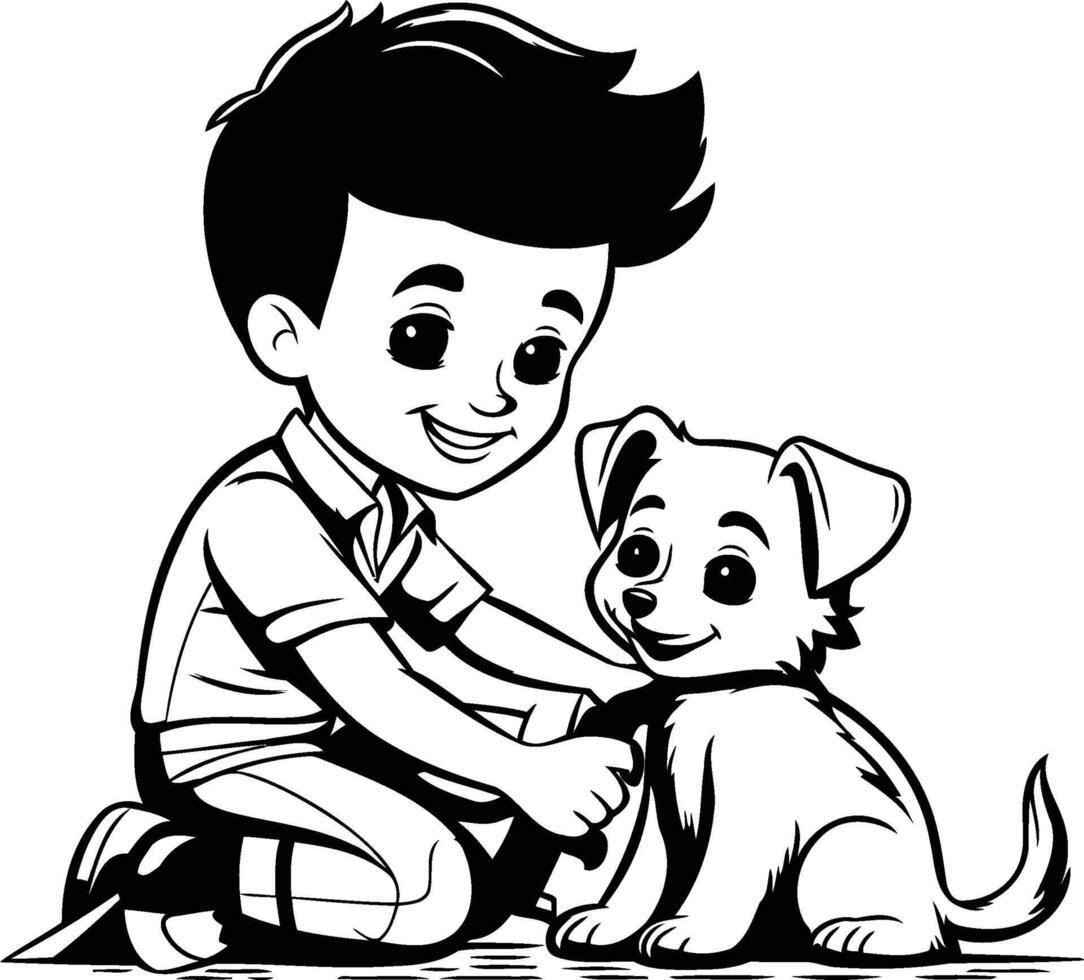 Boy playing with his dog coloring page vector