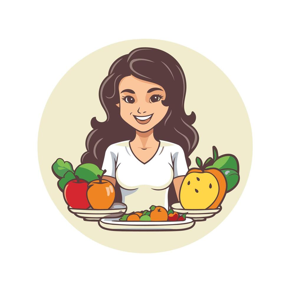A woman holding a plate with fruit and vegetables vector