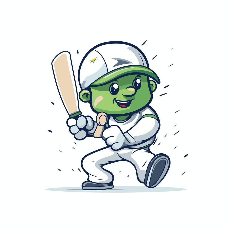 A cartoon green cricket player running with a bat vector