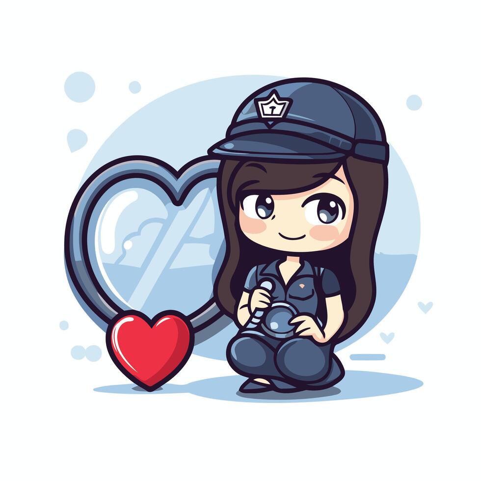 A cartoon girl in a police uniform holding a heart vector