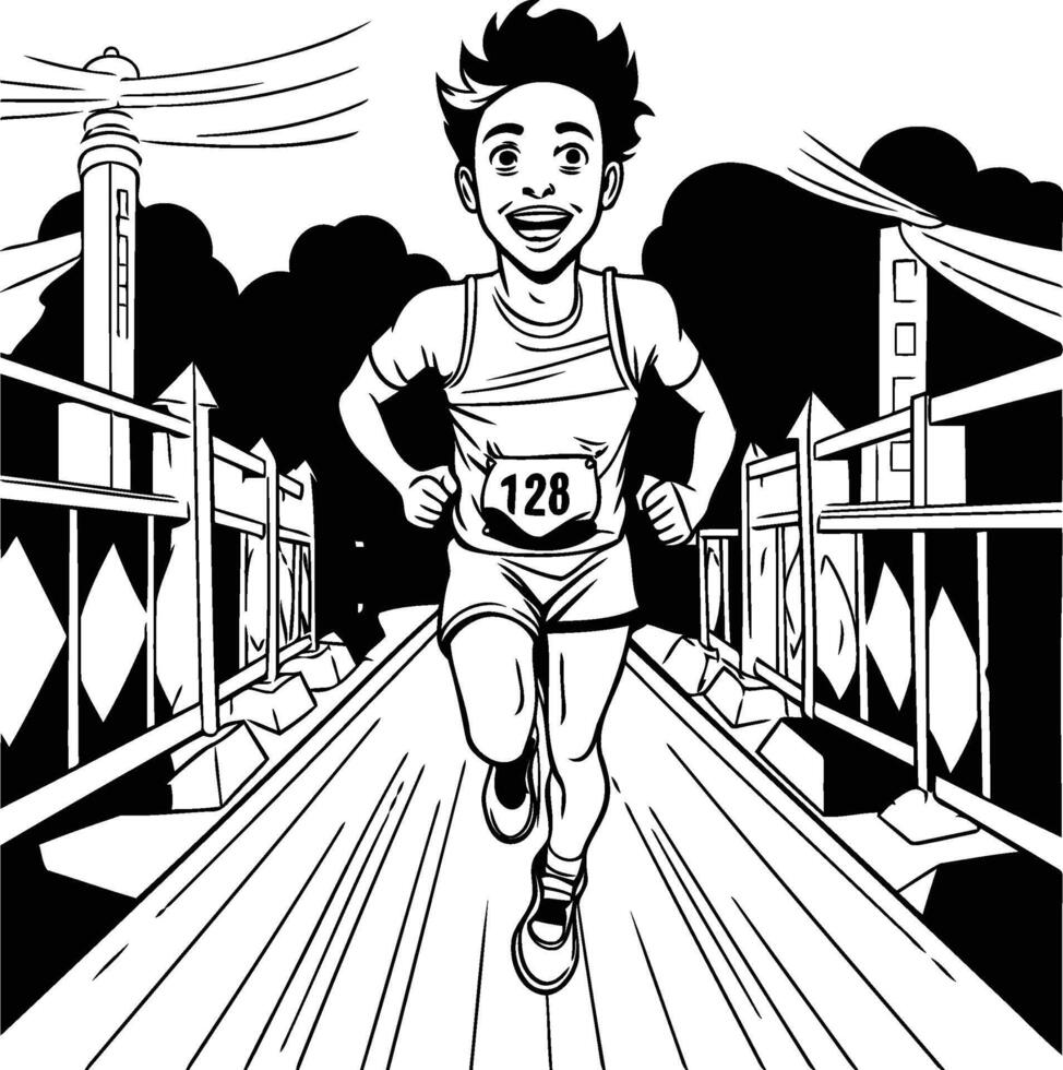A black and white drawing of a man running vector