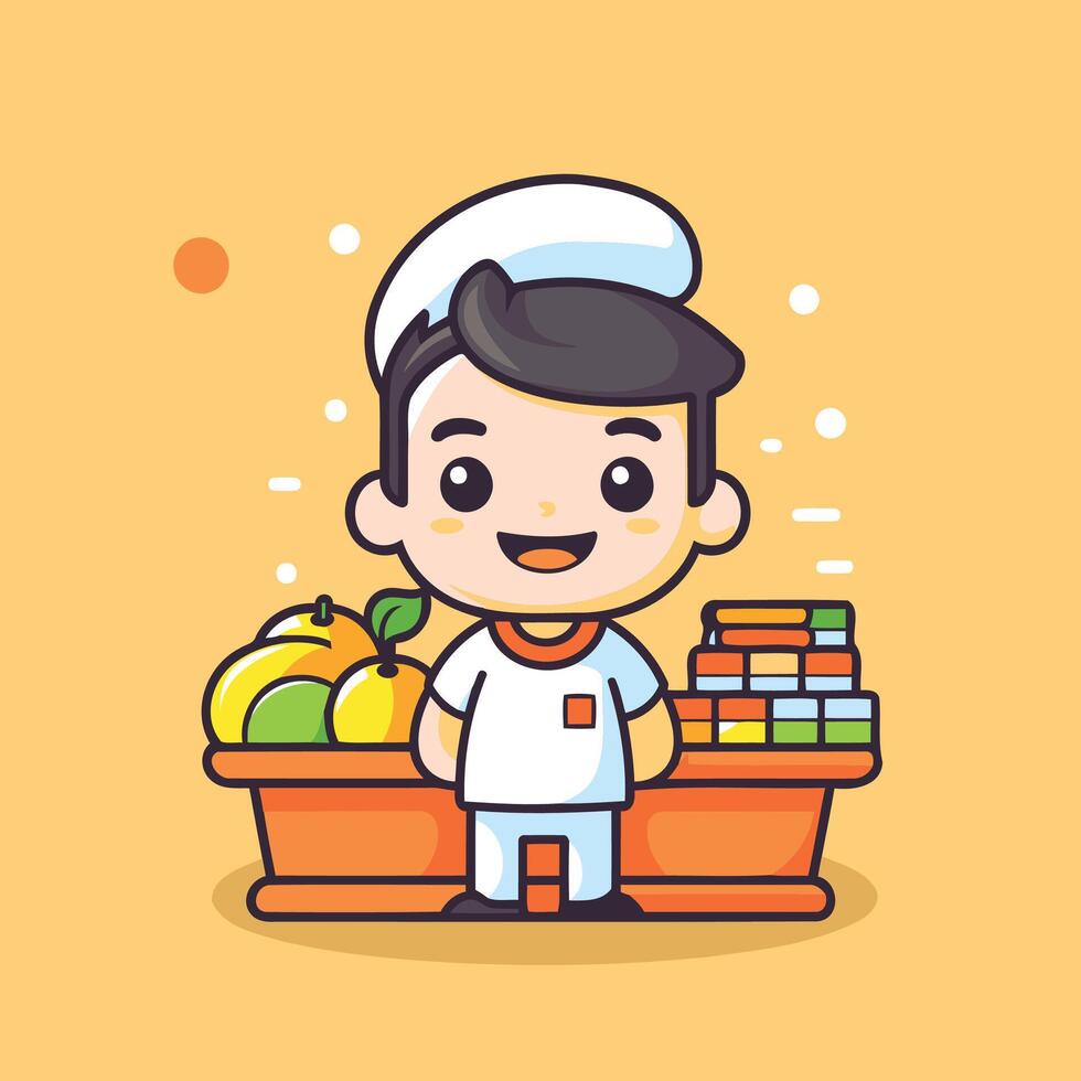 A cartoon character with a chef's hat and a fruit stand vector