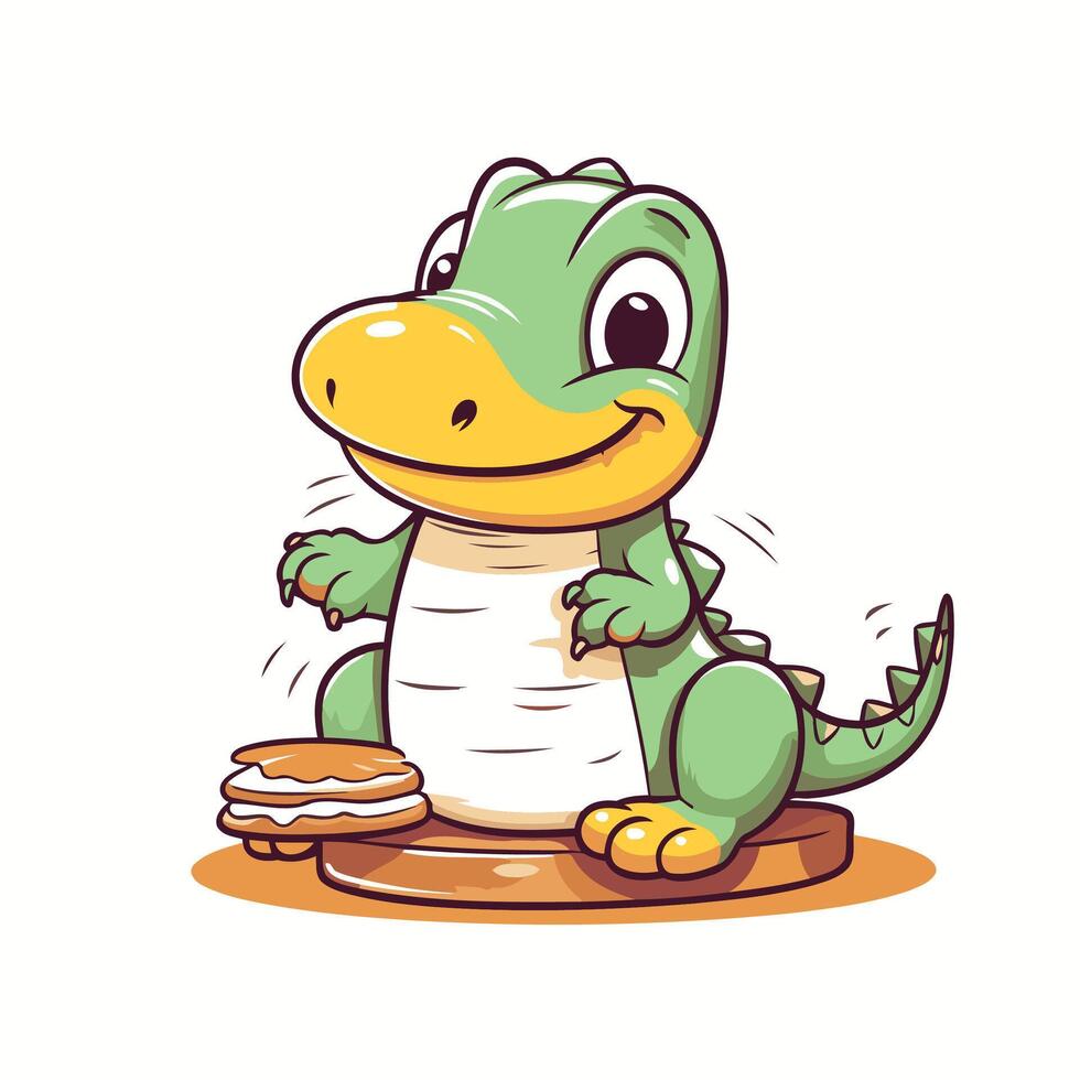 A cartoon crocodile sitting on a table with a piece of food vector