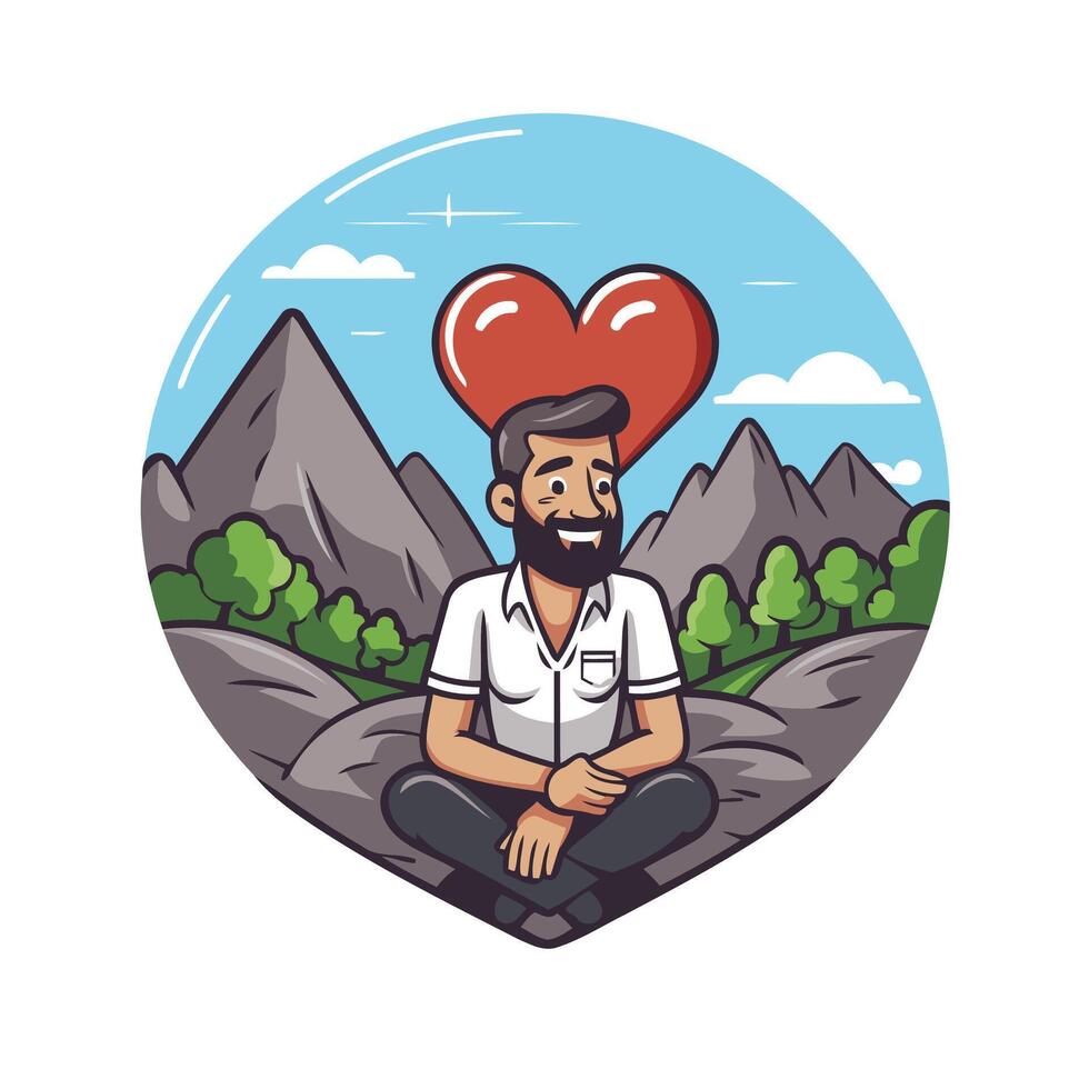 A man with a beard sitting in the mountains with a heart vector