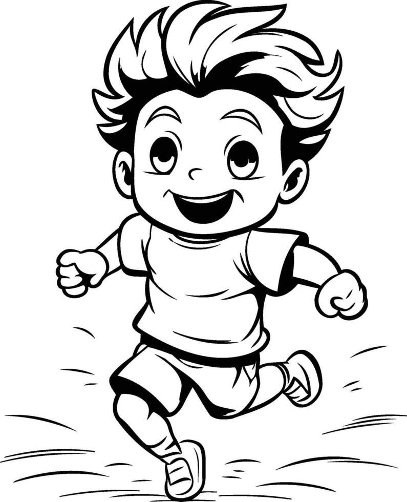 A cartoon boy running and jumping coloring pages vector