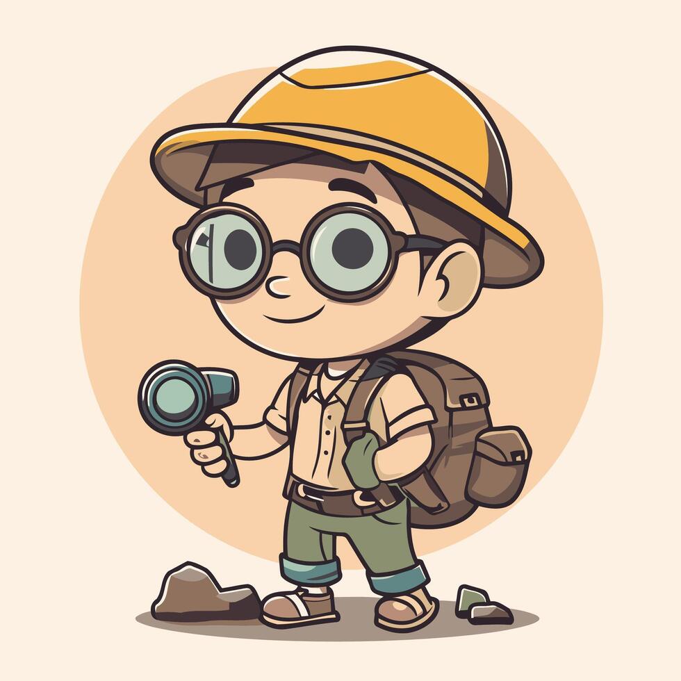 Cartoon boy with a magnifying glass and backpack vector