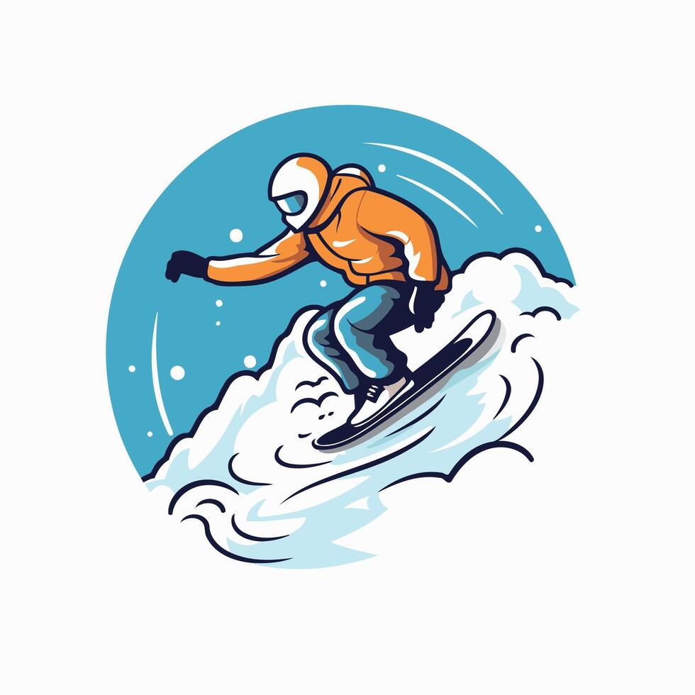 Snowboarder in orange jacket riding down a mountain vector