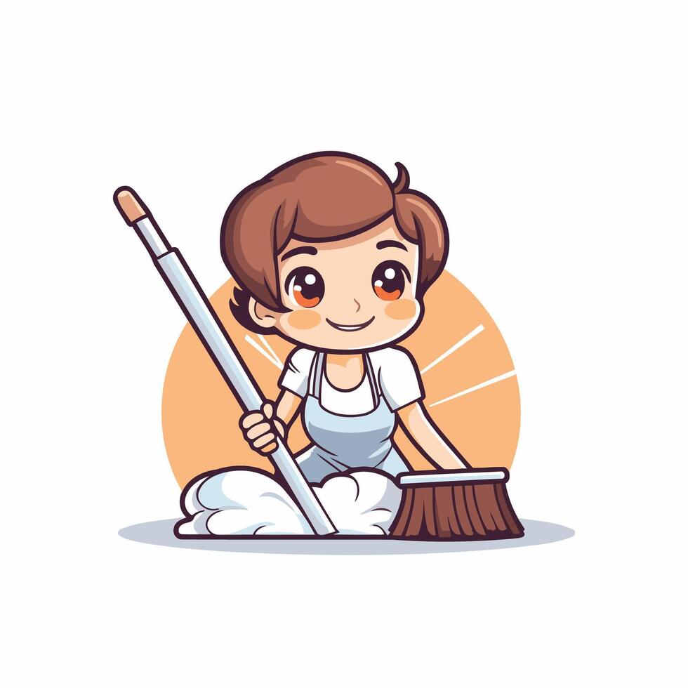 A cartoon girl cleaning the floor with a broom vector