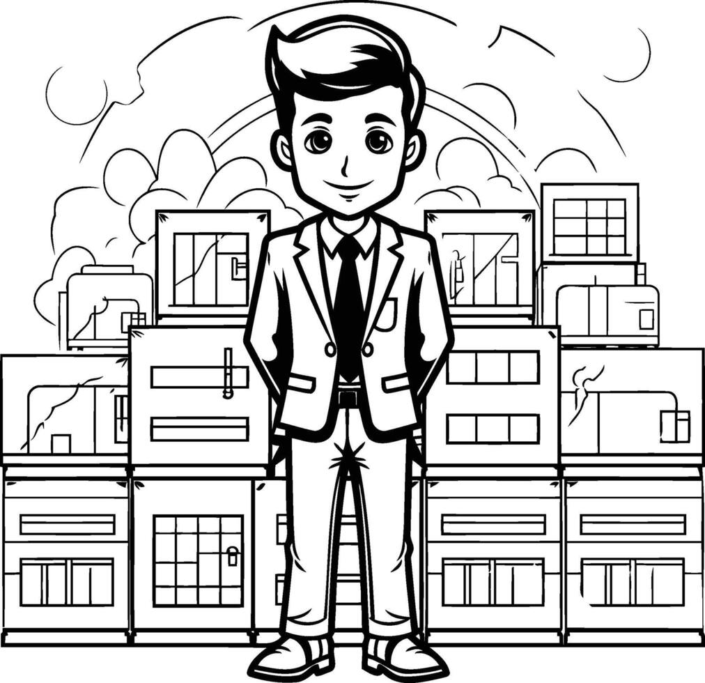 Businessman in suit standing in front of a stack of boxes vector