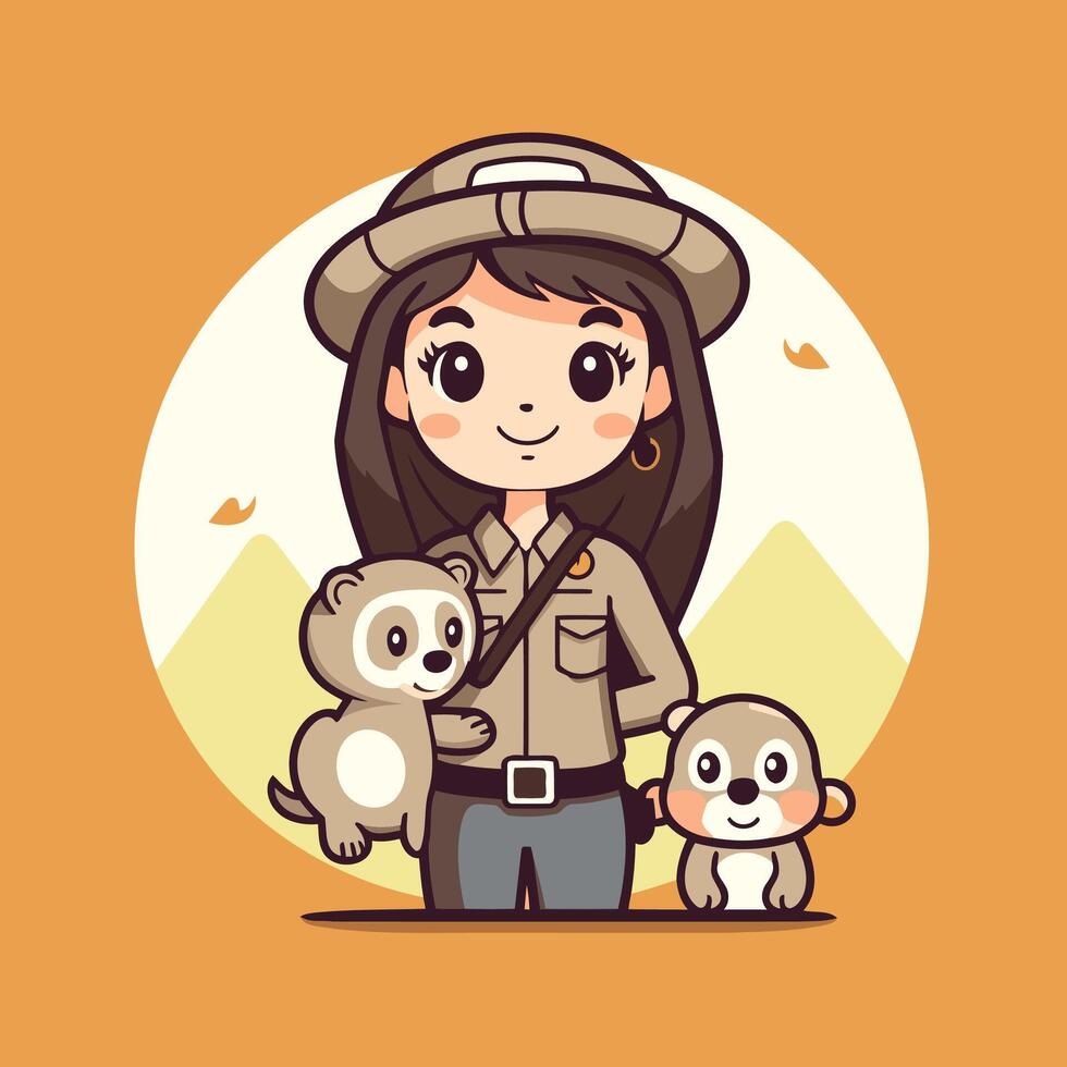 A woman in a hat and safari outfit holding two animals vector