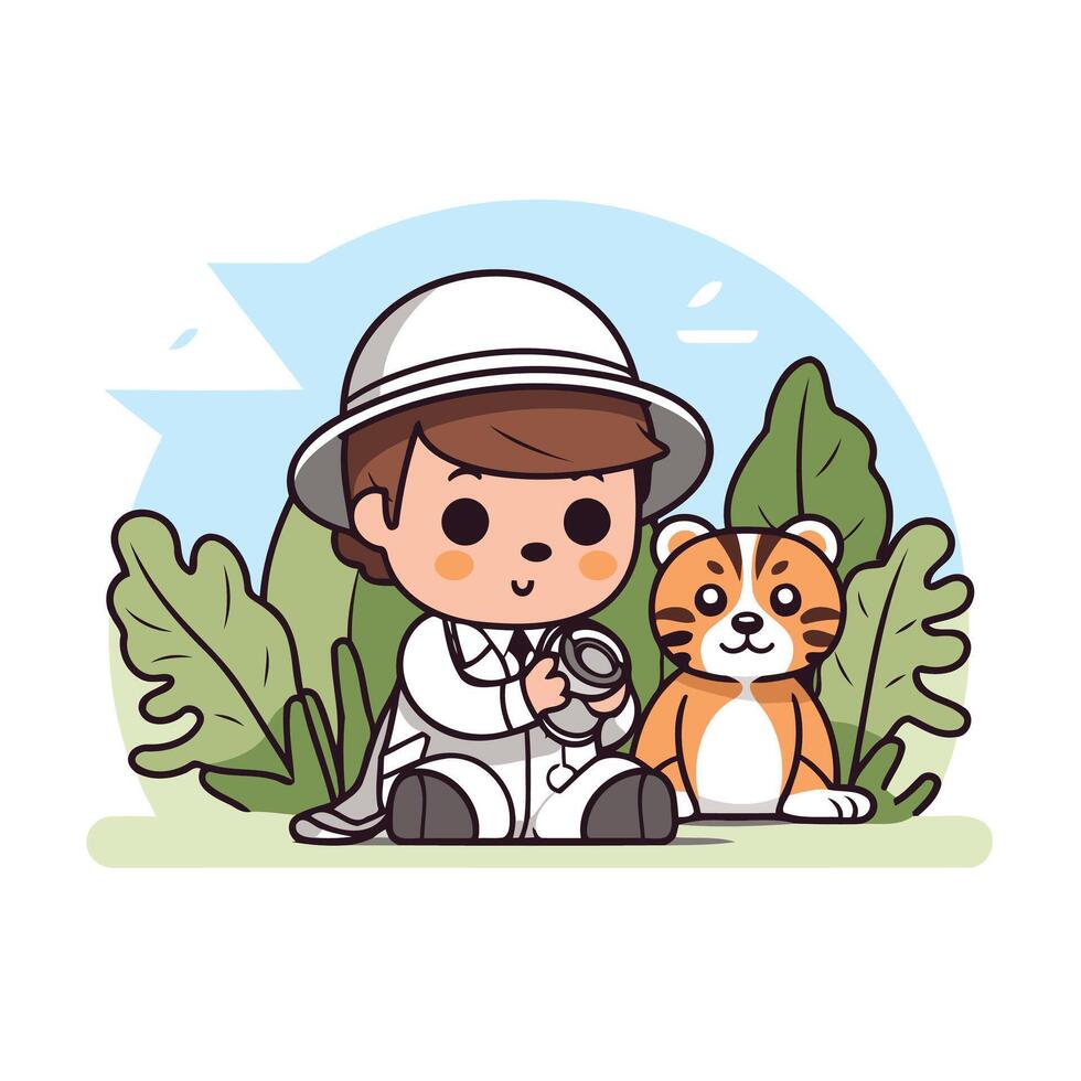 A cartoon character with a tiger and a man in a hat vector