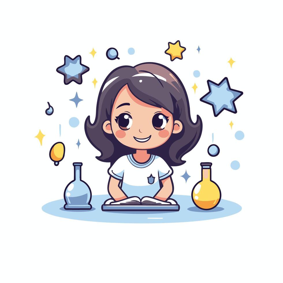 A girl is sitting at a table with a book and a flask vector