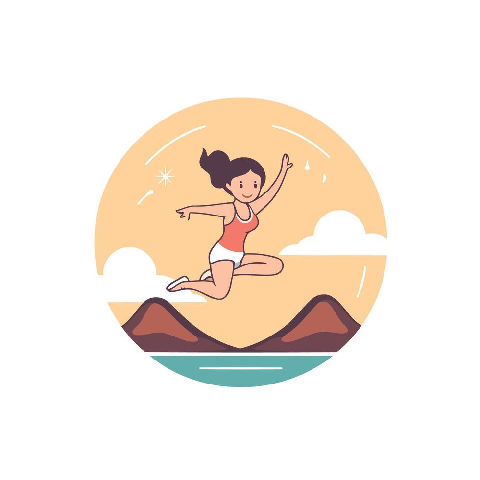 A woman jumping in the air with mountains in the background vector