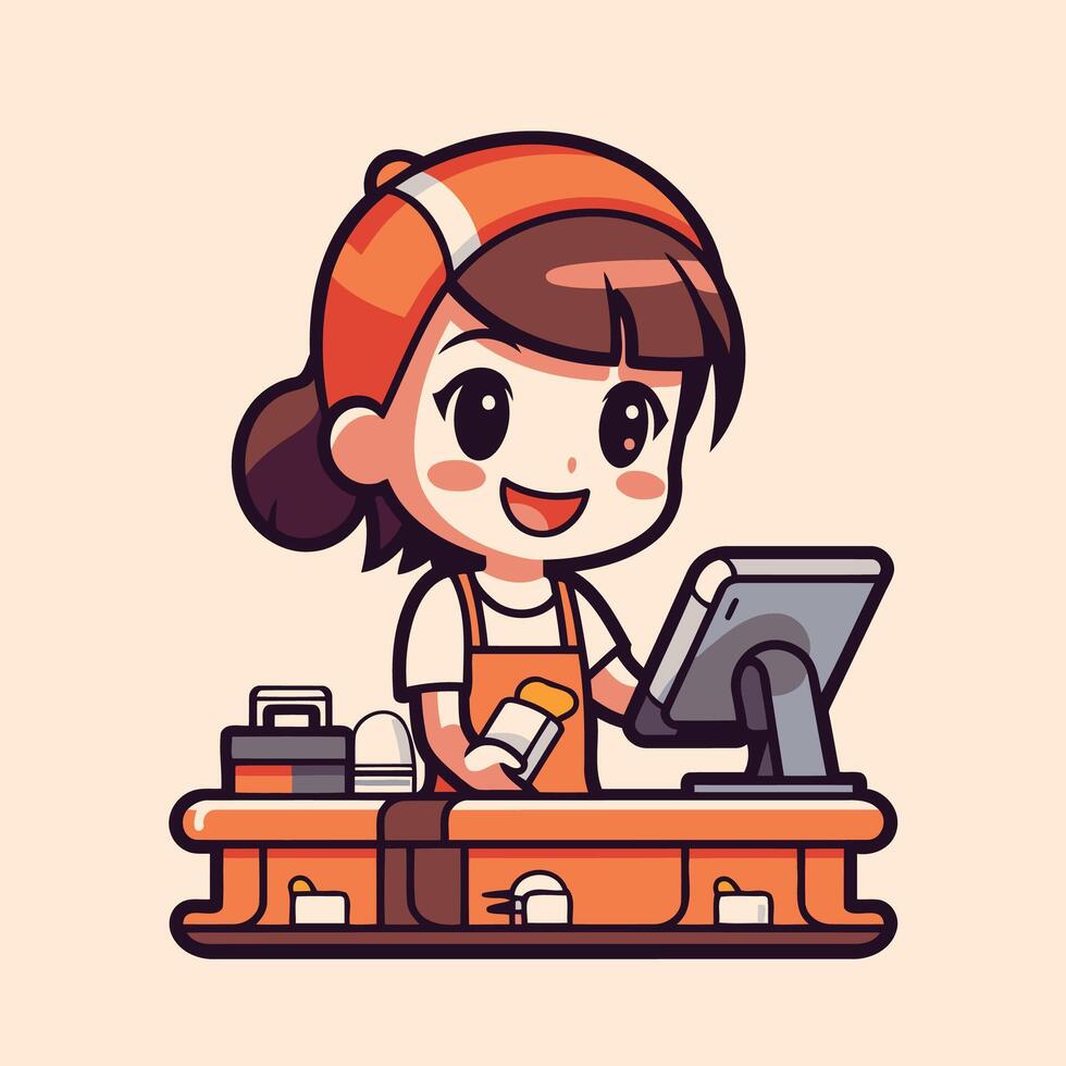Cartoon character of a cashier working at the cash register vector