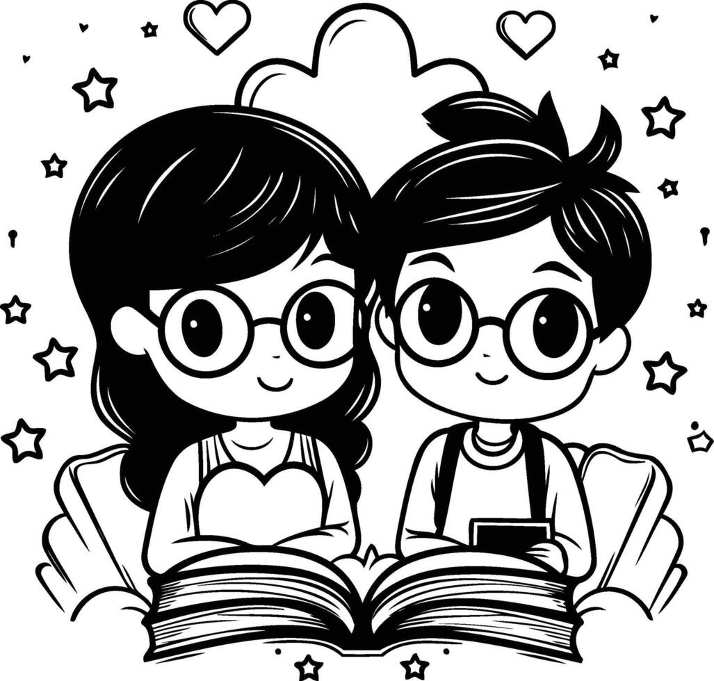 A cartoon couple reading a book together vector