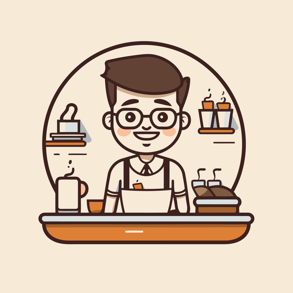 A man in glasses is sitting at a table with coffee and other items vector