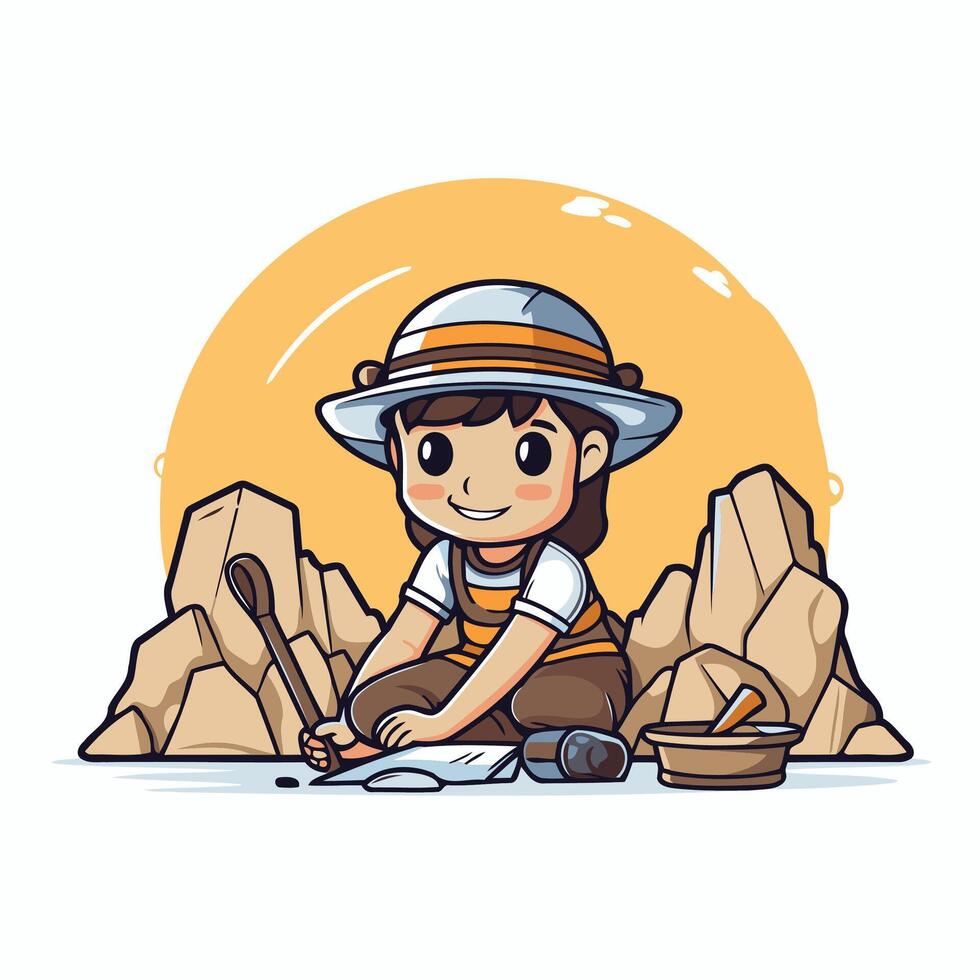 A cartoon character sitting on a rock with a shovel vector