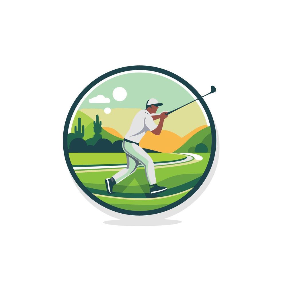 Golf player in round circle with mountains and golf course vector
