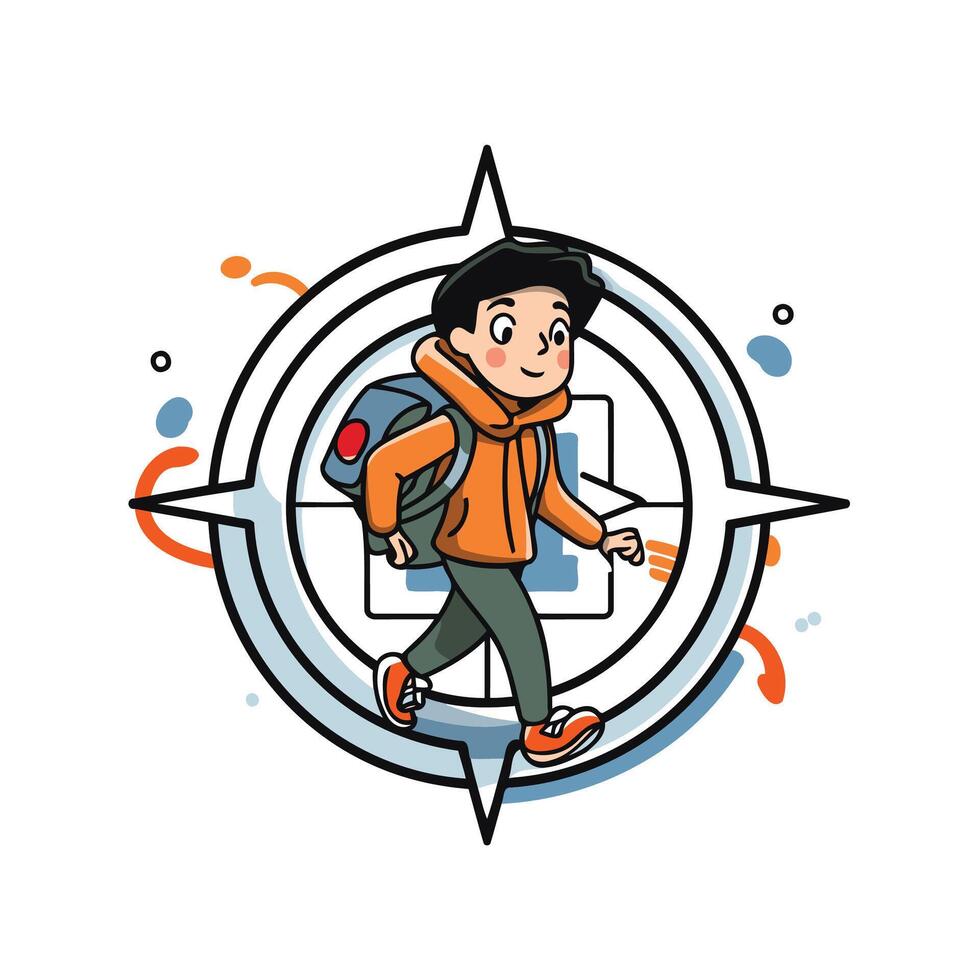 A boy with a backpack is walking around in a compass vector