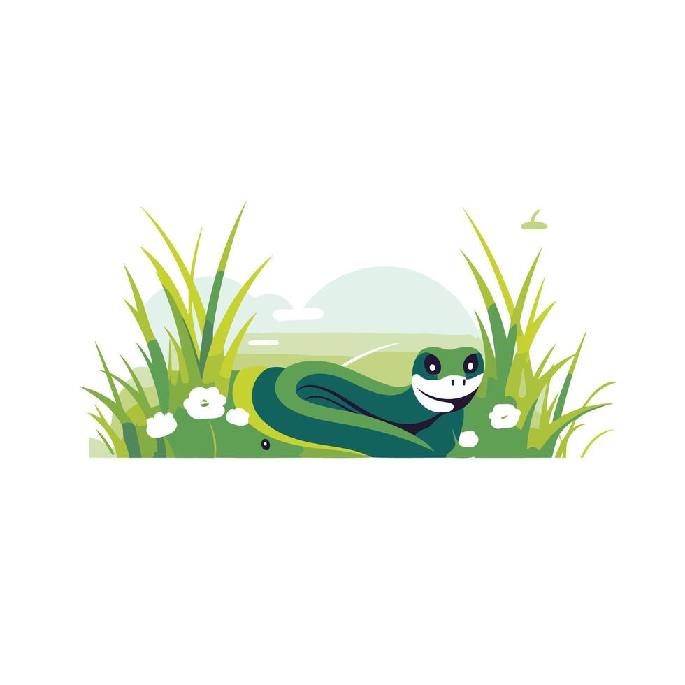 A green snake is lying in the grass vector