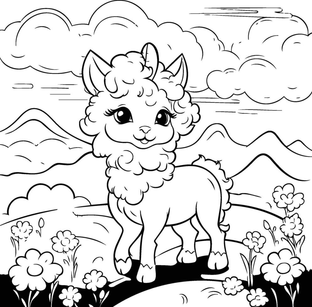 Cute llama coloring pages for kids vector