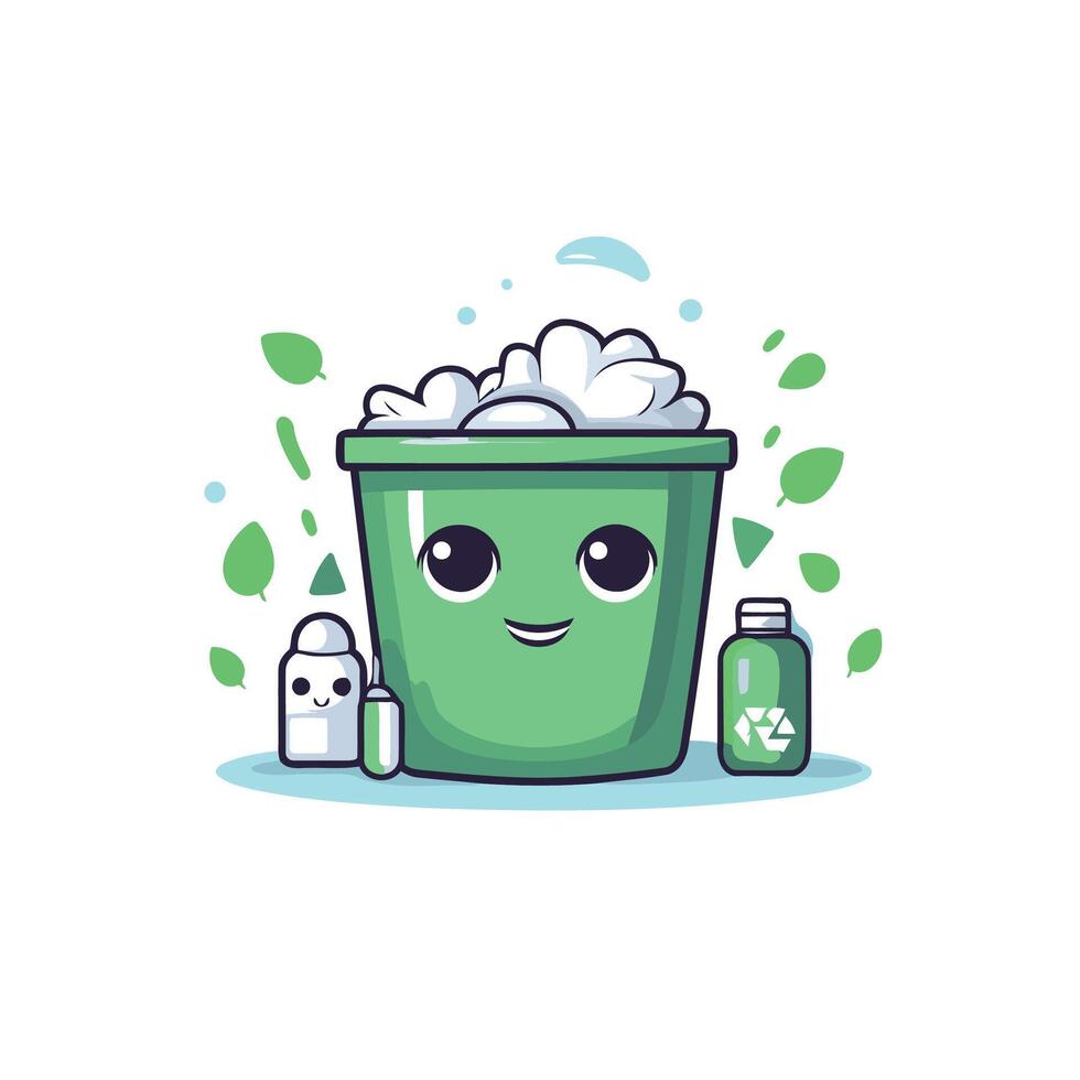 A green bucket with a face and a bottle of soap vector